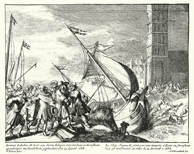 James II av England tatt til fange av fiskere i Faversham, Kent, mens han forsøkte å flykte til Frankrike av German School