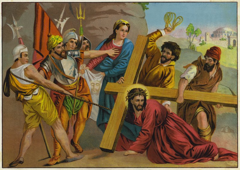 Jesus faller under vekten av korset sitt på vei til korsfestelsen (fargelitografi) av German School
