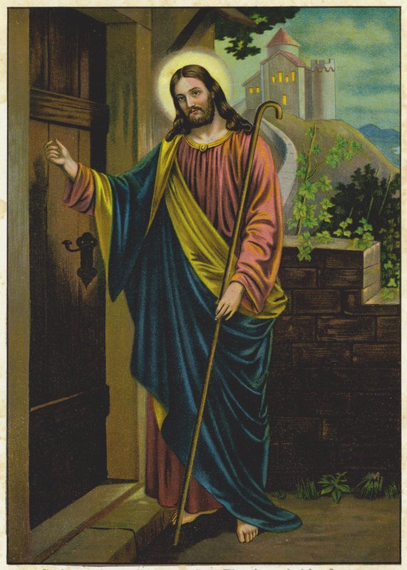 Jesus banker på døren til et hus (fargelitografi) av German School