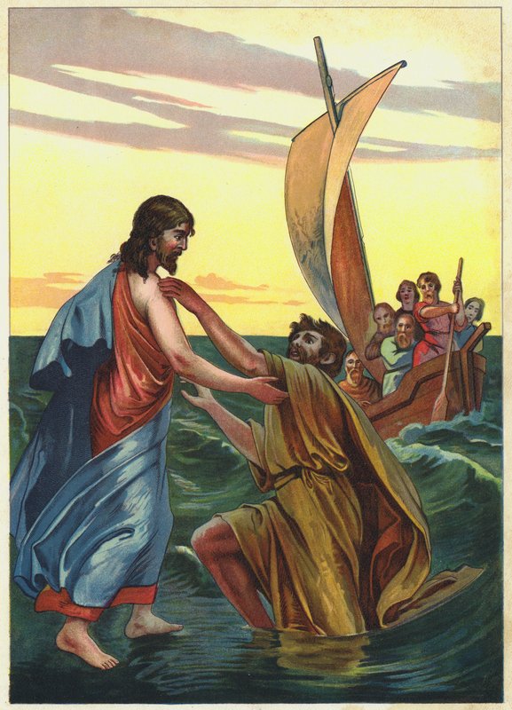 Jesus går på vannet (fargelitografi) av German School