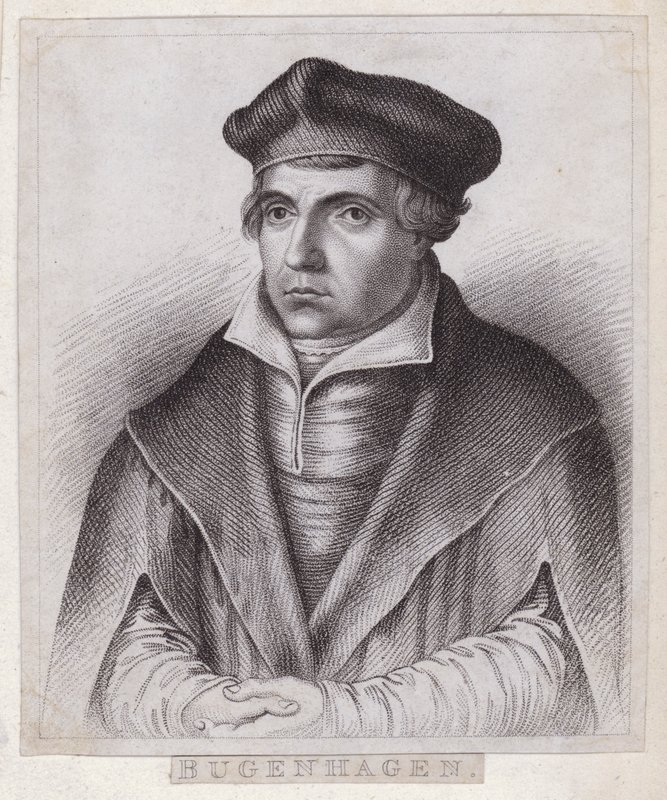 Johannes Bugenhagen (doktor Pomeranus), tysk prest og teolog som introduserer den protestantiske reformasjonen til Pommern og Danmark (gravering) av German School