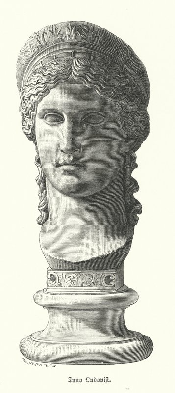 Juno Ludovisi, gammelt romersk kolossalt marmorhode som viser Antonina Minor, datter av Mark Antony og Octavia Minor, som gudinnen Juno (gravering) av German School