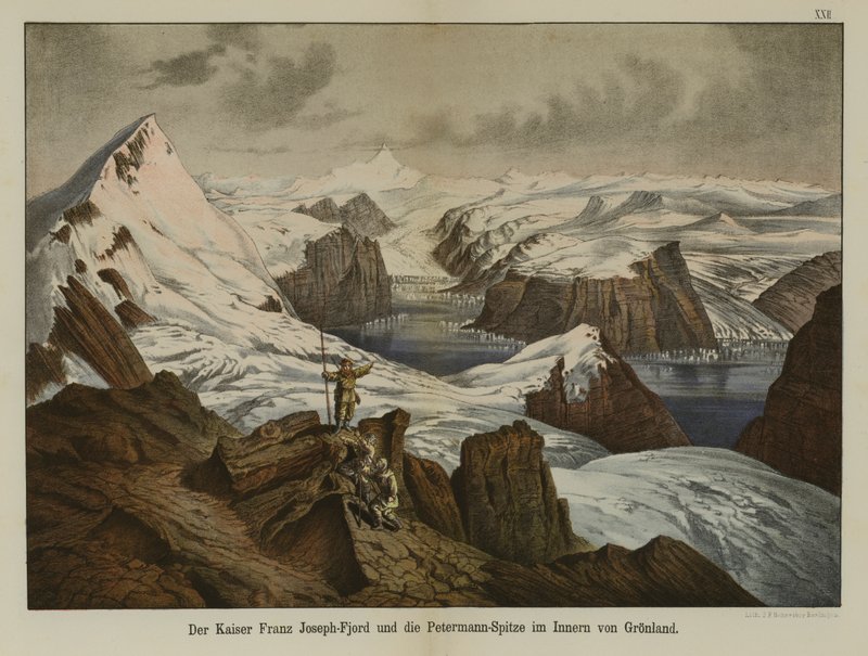 Kaiser Franz Joseph Fjord og Petermann Peak, Grønland (farge litho) av German School