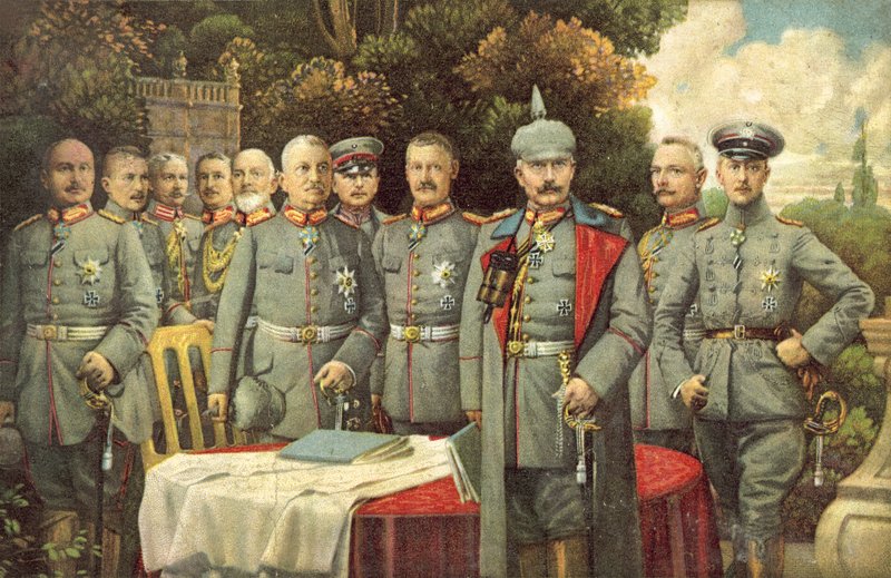 Kaiser Wilhelm II av Tyskland og hans generaler (farge litho) av German School