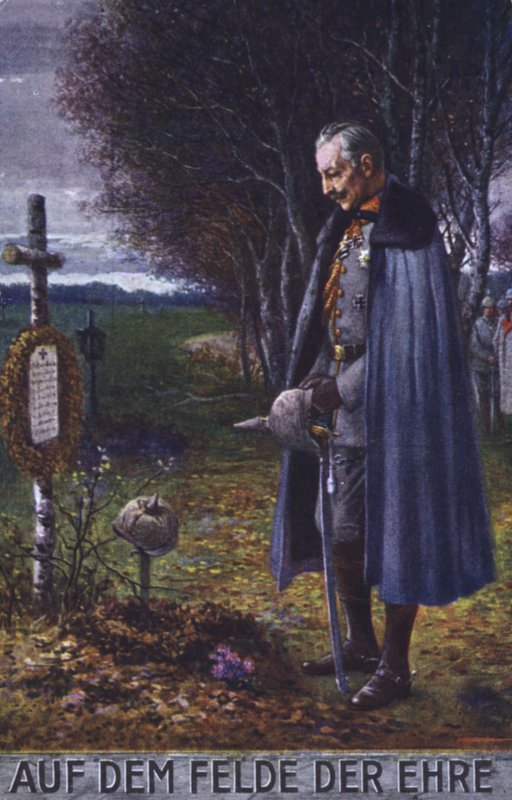 Keiser Wilhelm II viser sin respekt ved graven til en tysk soldat (fargelitografi) av German School