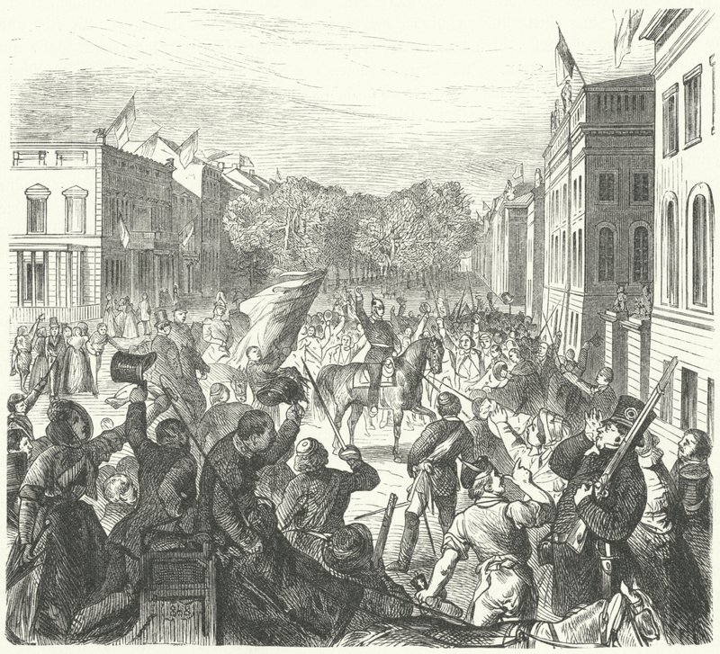 Kong Frederick William IV av Preussen rider forbi Berlin-universitetet på vei for å delta i en massebegravelse av sivile drept i opptøyer, 21. mars 1848 (gravering) av German School