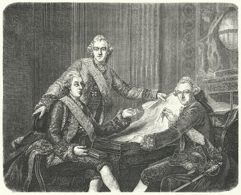 Kong Gustav III av Sverige i samråd med brødrene Charles og Frederick Adolf (gravering) av German School