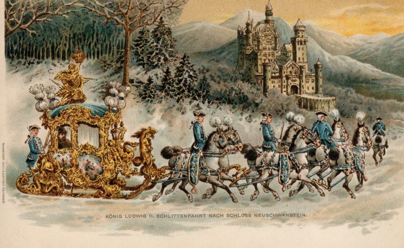 Kong Ludwig II av Bayern reiser til Neuschwanstein slott i en gyllen slede (chromolitho) av German School