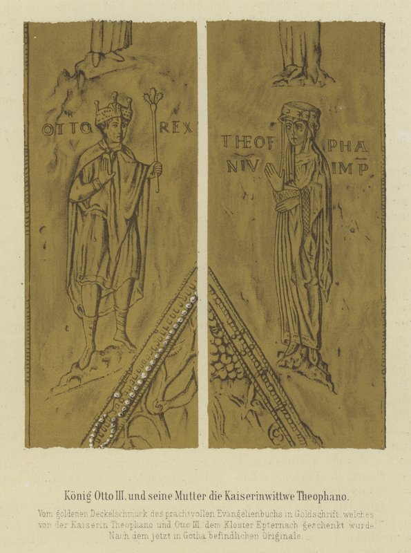 Kong Otto III og hans mor Theophania, keiserinnekonsort av Otto II, den hellige romerske keiseren (farge litho) av German School