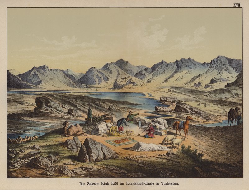Kiuk Kiol saltinnsjø i Karakash-dalen, Turkestan (farge litho) av German School