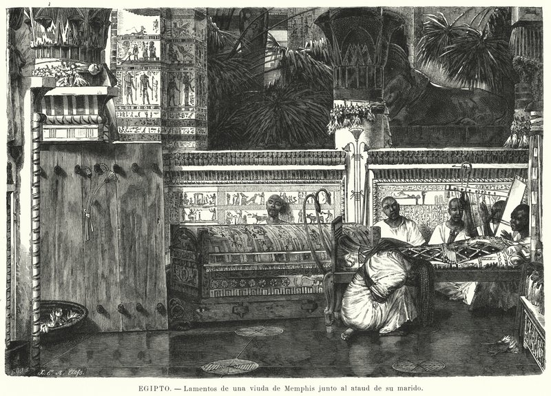 Klage over en enke ved siden av ektemannens kiste i Memphis, det gamle Egypt (litho) av German School
