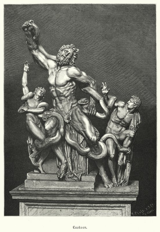 Laocoon og hans sønner , gammel gresk eller romersk skulptur gravd ut i Roma i 1506 (gravering) av German School