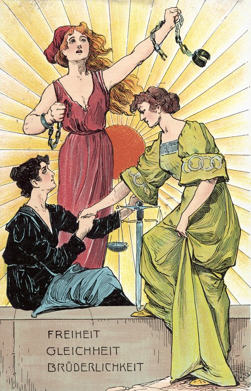 Frihet, likhet, brorskap (farge litho) av German School
