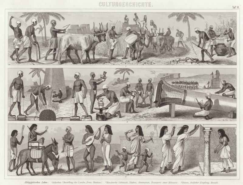 Livet i det gamle Egypt. Illustrasjon for Bilder-Atlas (gravering) av German School