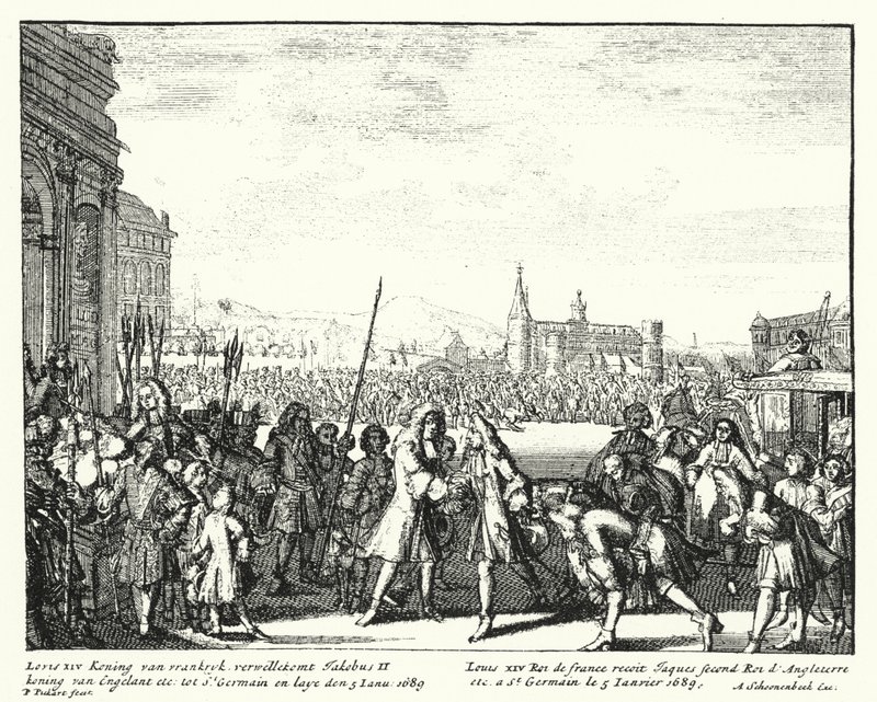 Louis XIV av Frankrike ønsker James II av England velkommen i eksil av German School