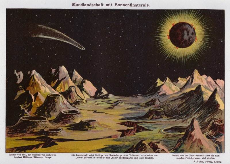 Månelandskap, solformørkelse og kometen fra 1911 (fargelitografi) av German School