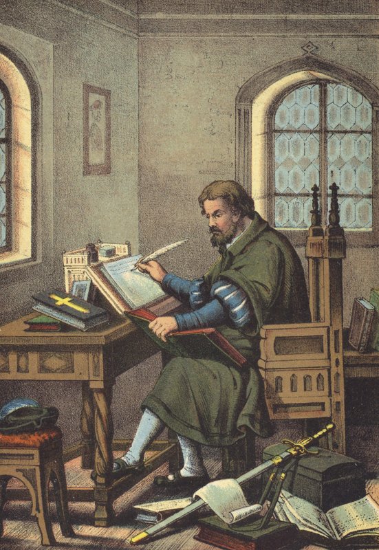 Luther forkledd som Junker Jorg i Wartburg-oversettelse av Det nye testamente (chromolitho) av German School