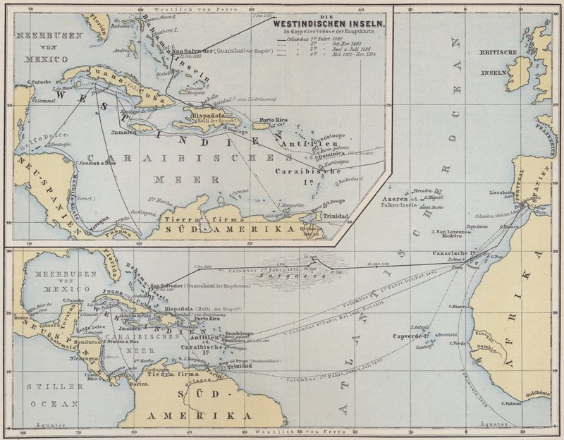 Kart som viser reisene til Christopher Columbus, 1492-1504 av German School