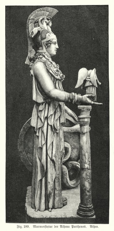 Marmorstatue av den antikke greske gudinnen Athena, fra Parthenon, Athen (gravering) av German School