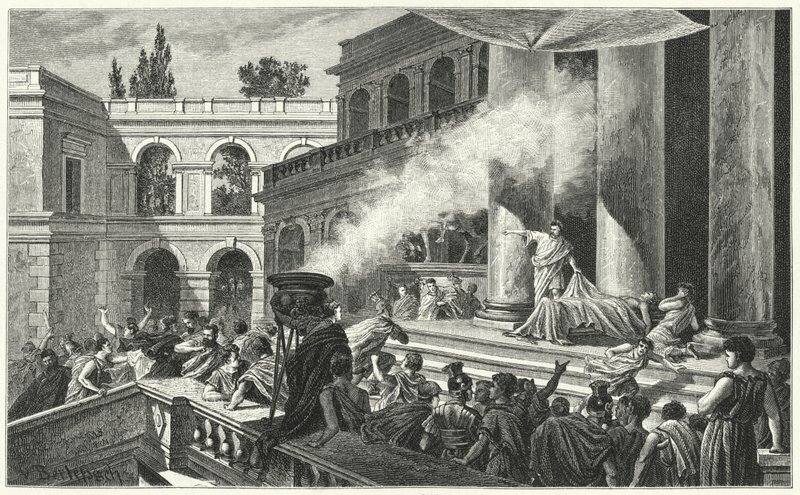 Mark Antony utløser et opprør med sin tale ved Julius Caesars begravelse, 44 f.Kr. (gravering) av German School