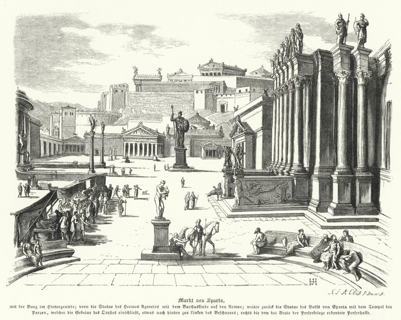Market of Sparta, antikkens Hellas (gravering) av German School
