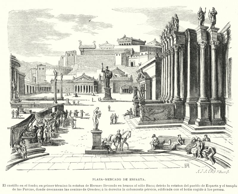 Markedsplassen i Sparta, antikkens Hellas (litho) av German School