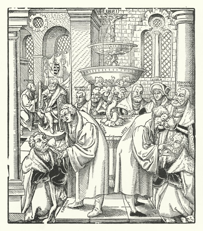 Martin Luther og Jan Hus administrerer nattverden til den saksiske kongefamilien (gravering) av German School