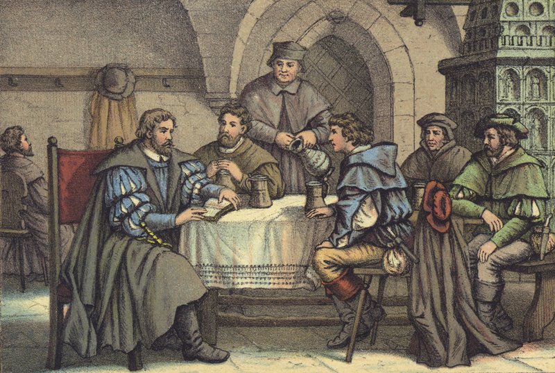 Martin Luther i samtale med studenter i Gasthof der Baren, Jena (chromolitho) av German School