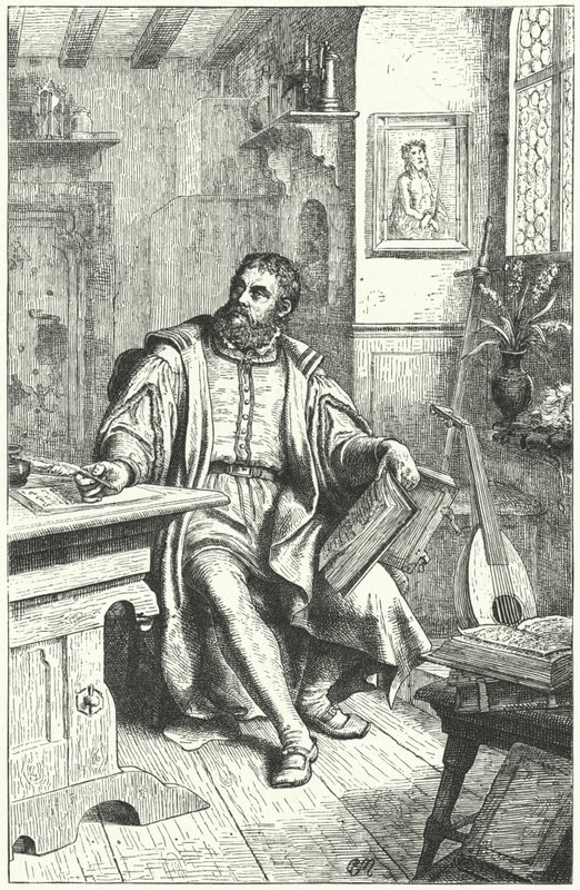 Martin Luther oversetter Bibelen til tysk (gravering) av German School