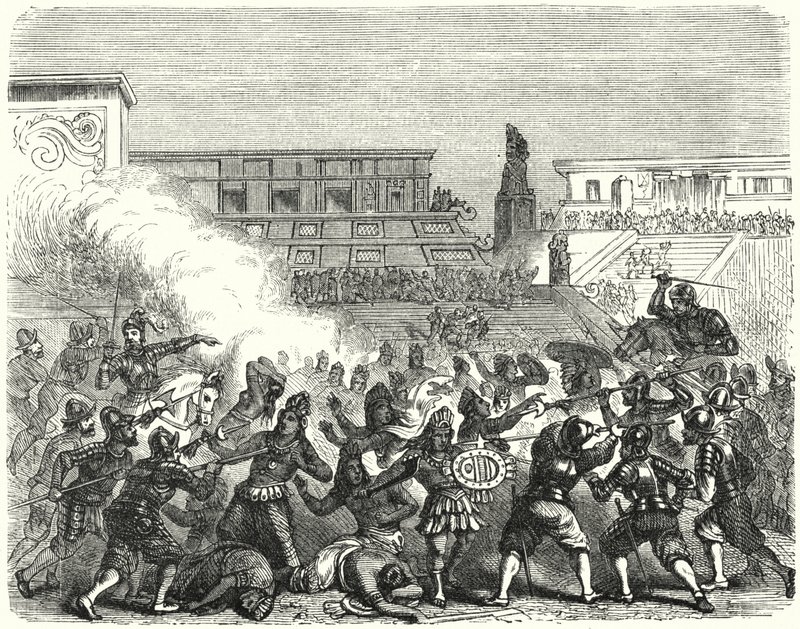Massakren på aztekiske krigere og adelsmenn ved Cholula av de spanske erobrerne av Hernan Cortes av German School