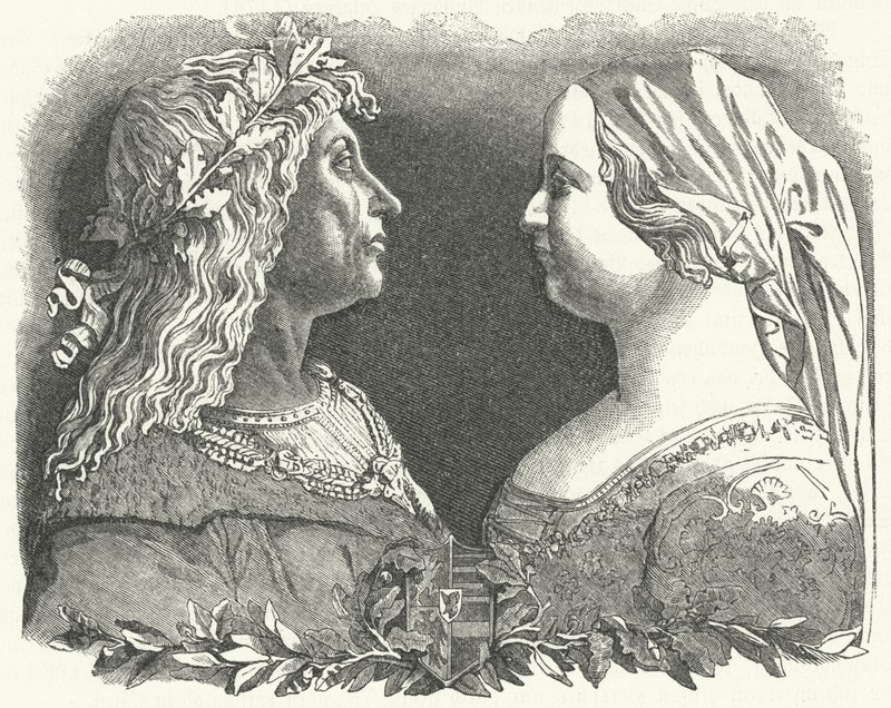 Matthias Corvinus, konge av Ungarn, og hans dronning, Beatrice av Napoli (gravering) av German School