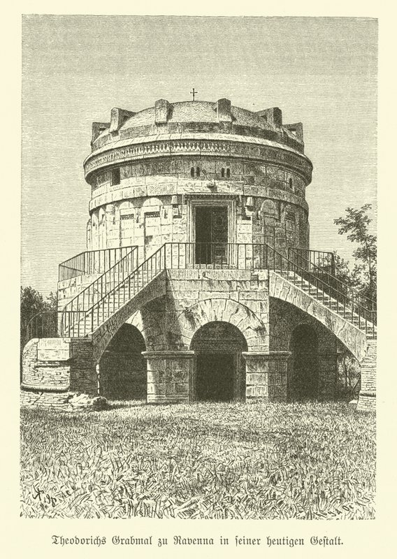 Mausoleet til Theoderik den store, østgoternes konge, Ravenna, Italia (gravering) av German School