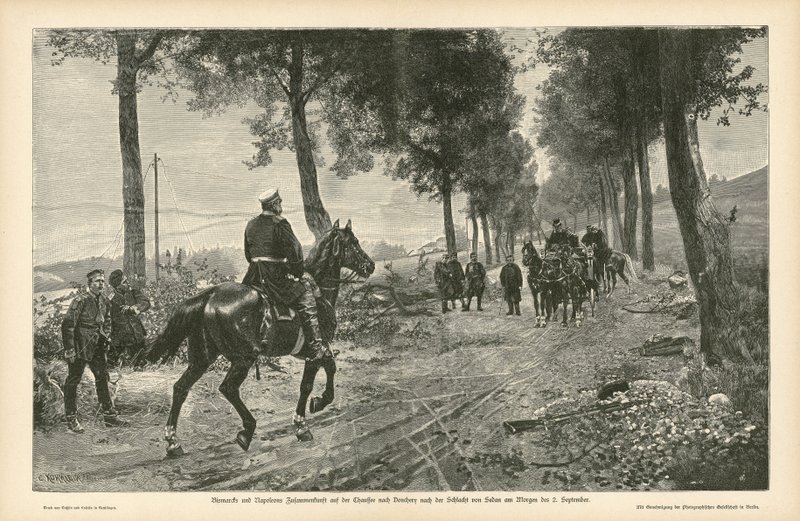 Møte mellom Bismarck og Napoleon III etter slaget ved Sedan, den fransk-prøyssiske krigen, 2. september 1870 av German School