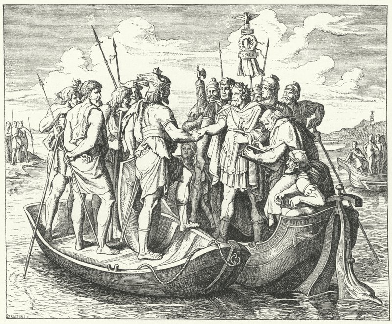 Møte mellom den romerske keiseren Valens og den vestgotiske kongen Athanaric ved Donau, 369 (gravering) av German School