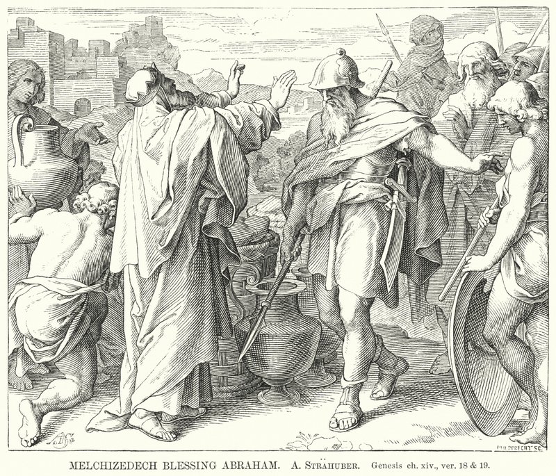 Melkisedek velsignelse Abraham, 1. Mosebok, kap xiv, ver 18 og 19 (gravering) av German School