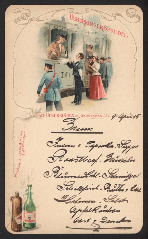 Menykortreklame Ueberkinger musserende mineralvann (farge litho) av German School