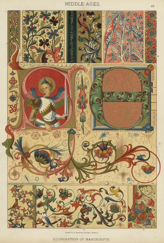 Middelalder, belysning av manuskripter (farge litho) av German School