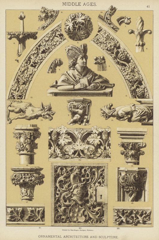 Middelalder, ornamental arkitektur og skulptur (farge litho) av German School