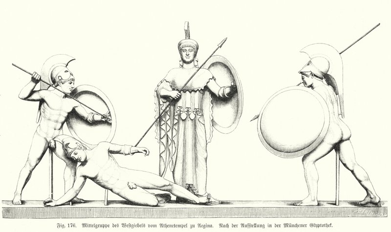 Midtgruppe fra den vestlige pedimenten til det antikke greske Athena-tempelet på øya Egina (gravering) av German School