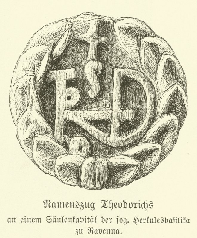 Monogram av Theoderik den store, østgoternes konge (gravering) av German School