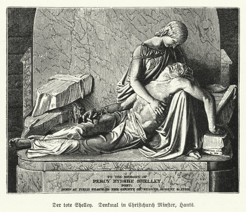 Monument til den engelske poeten Percy Bysshe Shelley, Christchurch Priory, Dorset (litho) av German School