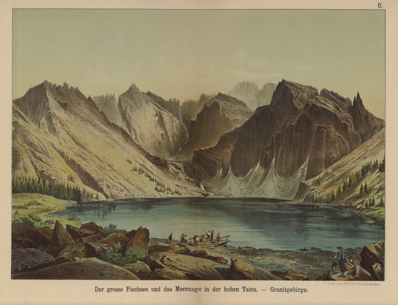 Morskie Oko, innsjø i granittens høye Tatra-fjell (farge litho) av German School