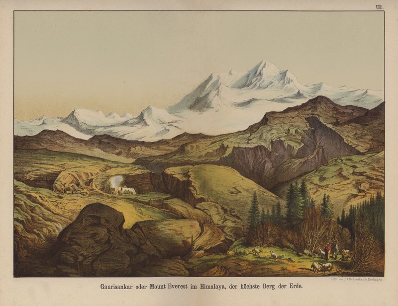 Mount Everest, det høyeste fjellet på jorden (farge litho) av German School