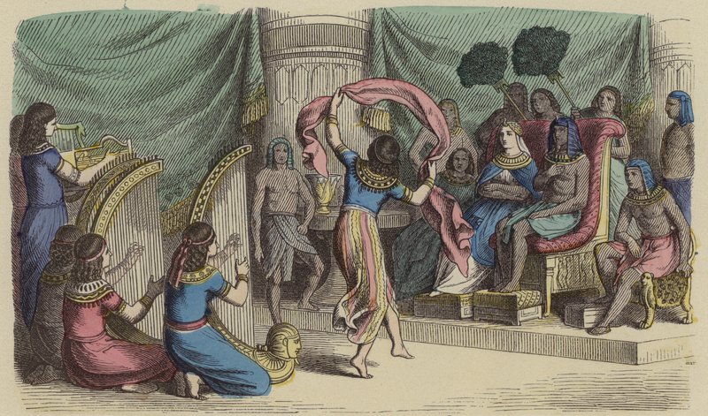 Musikere og dansere som opptrer foran farao i det gamle Egypt (farget gravering) av German School