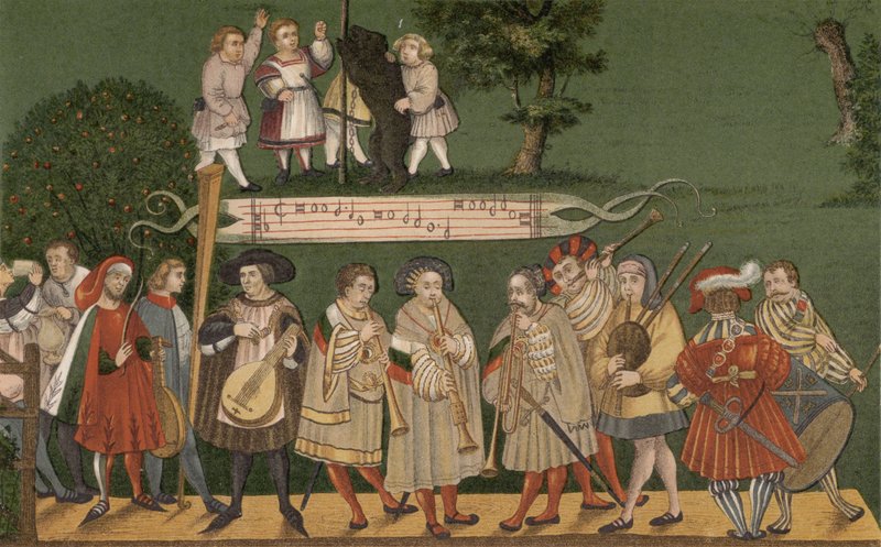 Musikere fra Augsburg, Tyskland, spiller for dansere fra Geschlechtertanz, 1520 av German School
