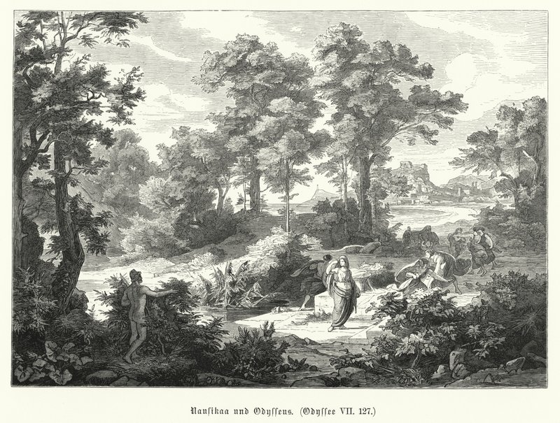 Nausicaa og Odysseus, scene fra Homers Odyssey (gravering) av German School