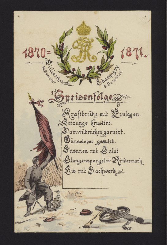 Nyttårsbanketter holdt av de okkuperende tyskerne i Villiers og Champigny, Paris, 30. desember 1870 og 2. januar 1871 (farge litho) av German School