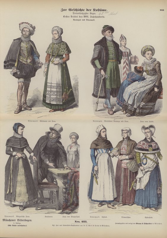 Norske og danske kostymer, tidlig på 1600-tallet (farget gravering) av German School