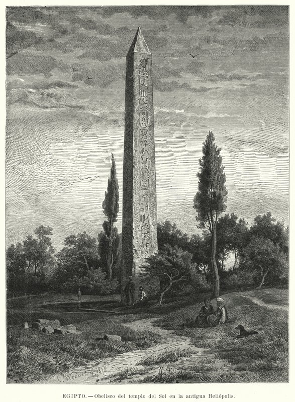 Obelisk av det gamle egyptiske soltempelet ved Heliopolis (litho) av German School