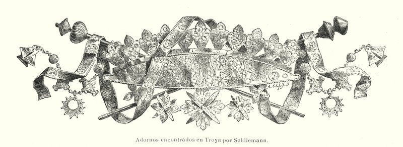 Ornament funnet av den tyske arkeologen Heinrich Schliemann under hans utgravninger av stedet for det gamle Troja (litho) av German School